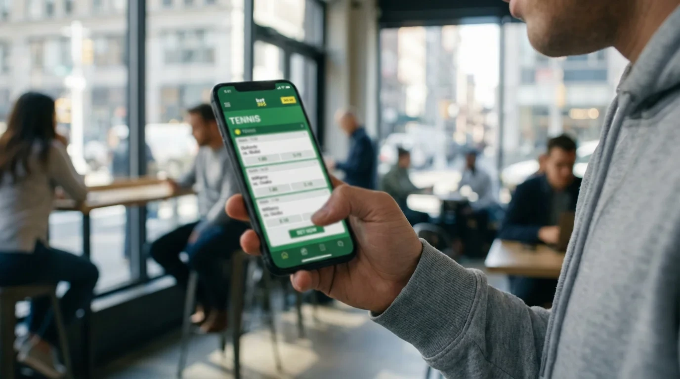 Mano sosteniendo smartphone con aplicación de apuestas deportivas mostrando partido de tenis