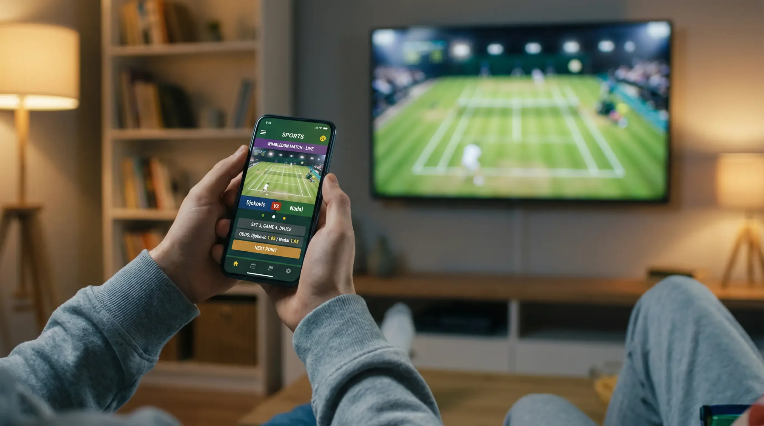 Persona usando smartphone para realizar apuestas en vivo mientras ve un partido de tenis en televisión