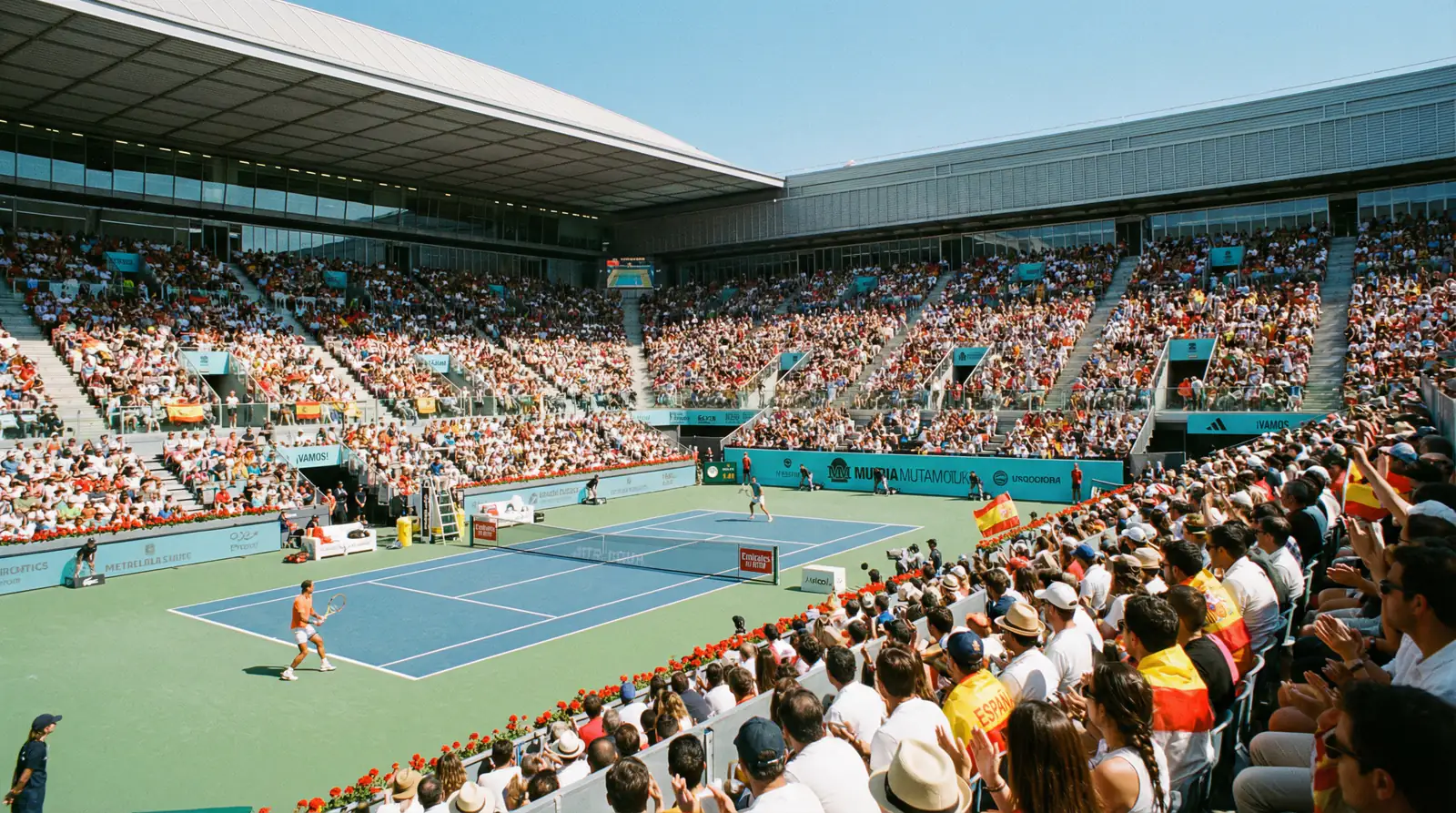 Estadio de tenis durante un partido ATP con aficionados españoles siguiendo el encuentro