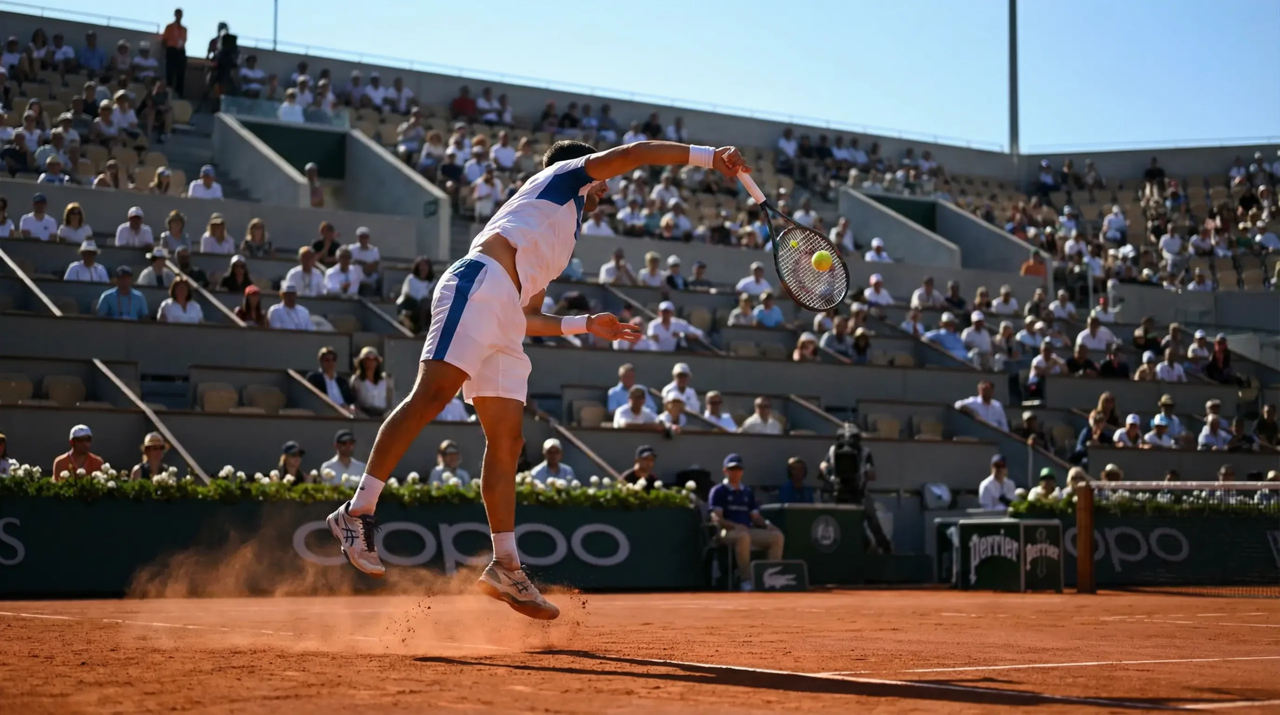 Pista de tenis de tierra batida durante torneo profesional con jugador al saque