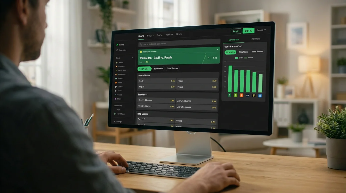 Pantalla de ordenador mostrando panel de mercados de apuestas de tenis con cuotas de hándicap y totales