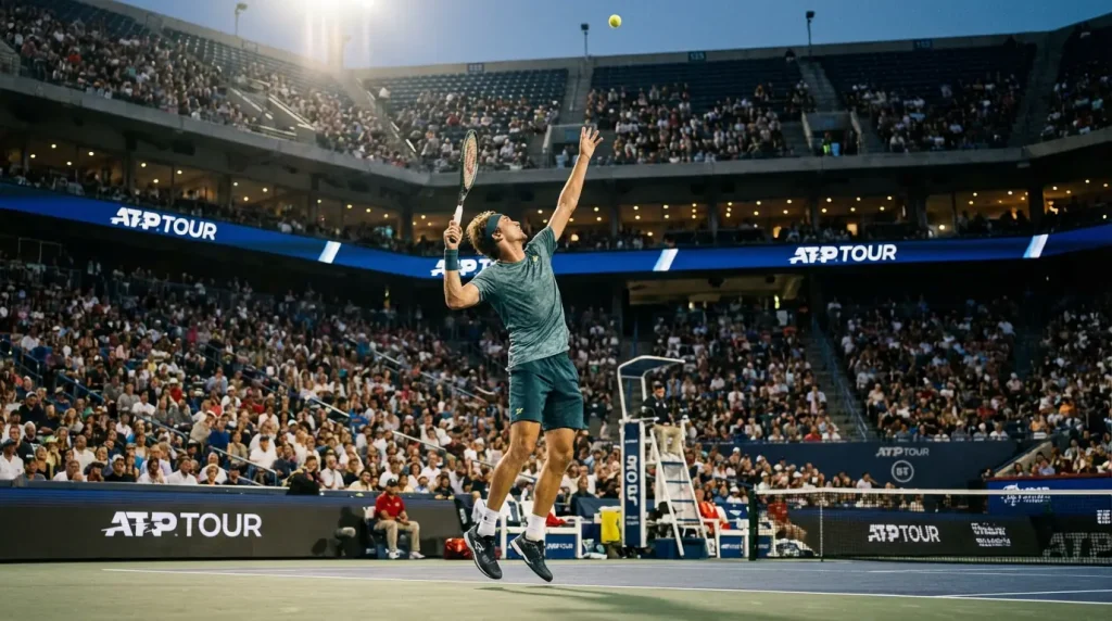 Partido de tenis masculino en estadio del ATP Tour con espectadores