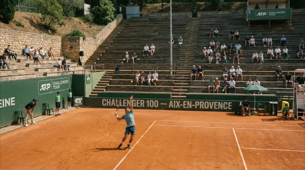 Partido de tenis en estadio pequeño del circuito Challenger