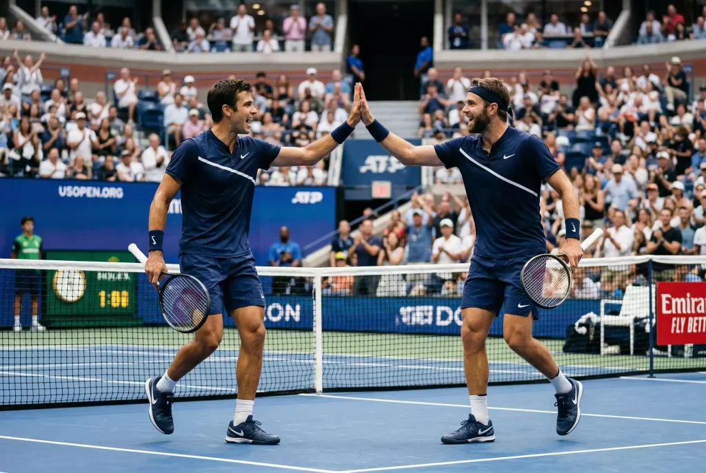 Dos tenistas celebrando punto ganado en partido de dobles