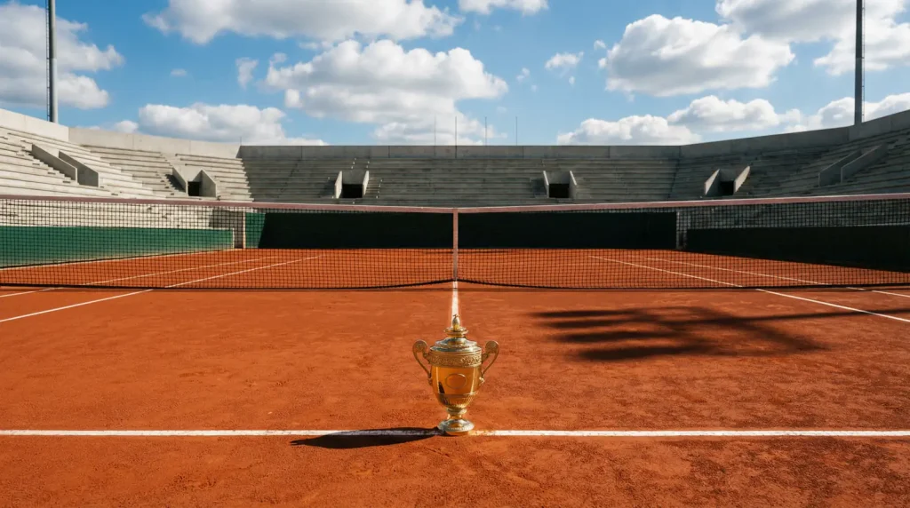 Trofeos de los cuatro Grand Slam de tenis sobre pista de tierra batida