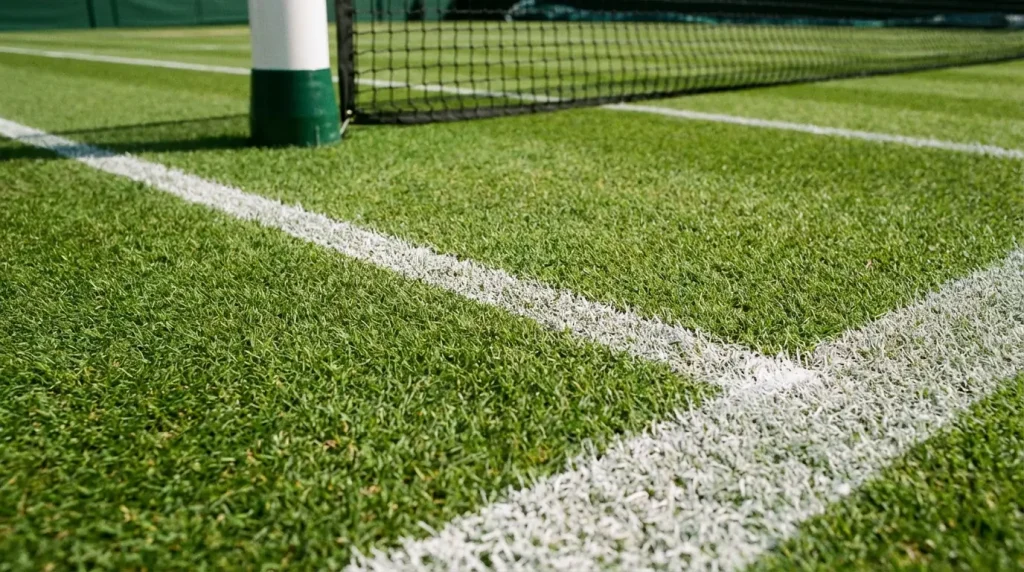 Pista de tenis de hierba con líneas blancas y red