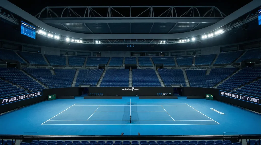 Pista de tenis de superficie dura azul en estadio cubierto
