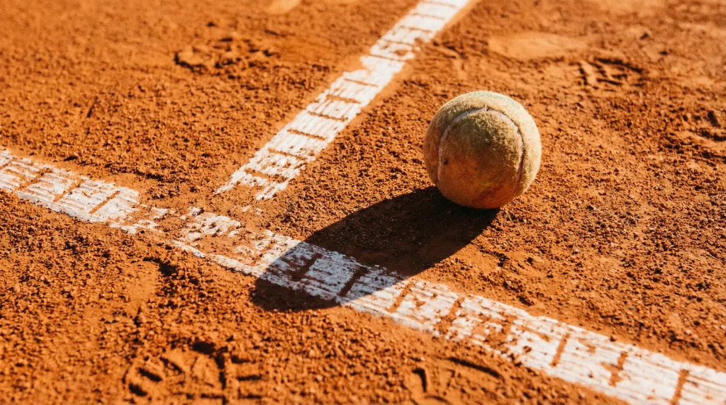 Pista de tenis de tierra batida con líneas marcadas y pelota