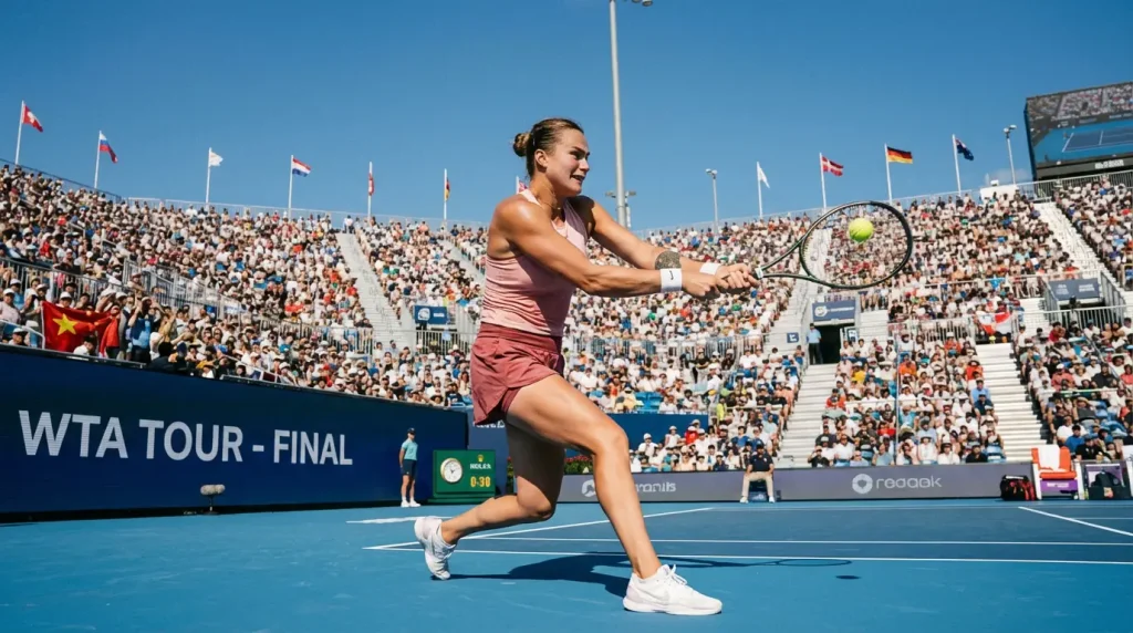 Tenista femenina profesional golpeando la pelota en partido WTA