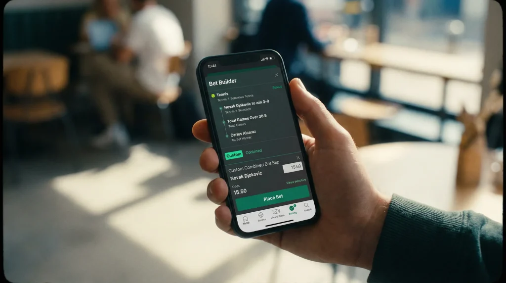Pantalla de aplicación mostrando combinador de apuestas de tenis
