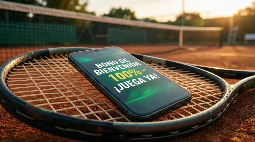 Bonos y promociones de apuestas de tenis con raqueta y smartphone