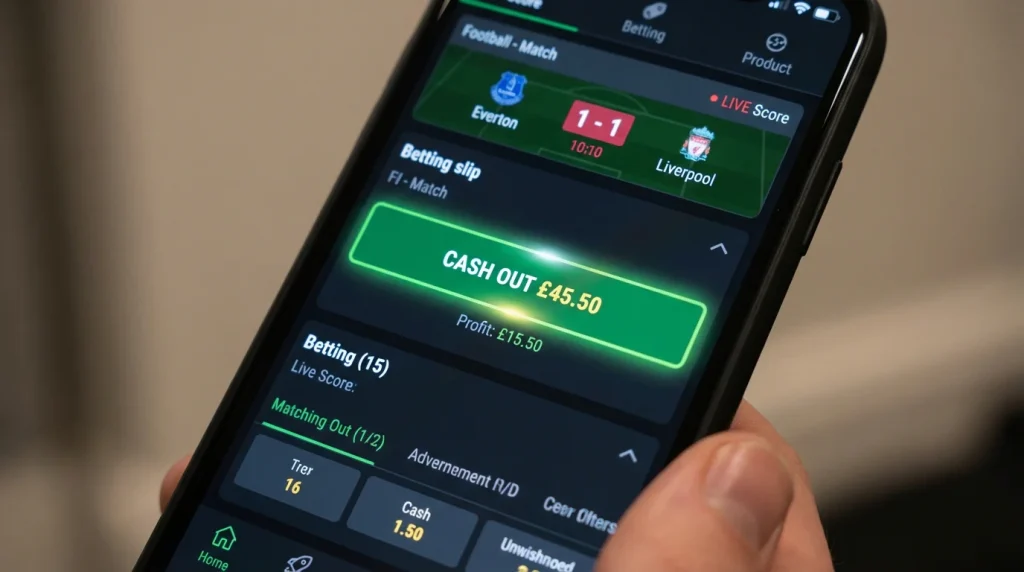 Botón de cash out en pantalla de aplicación de apuestas