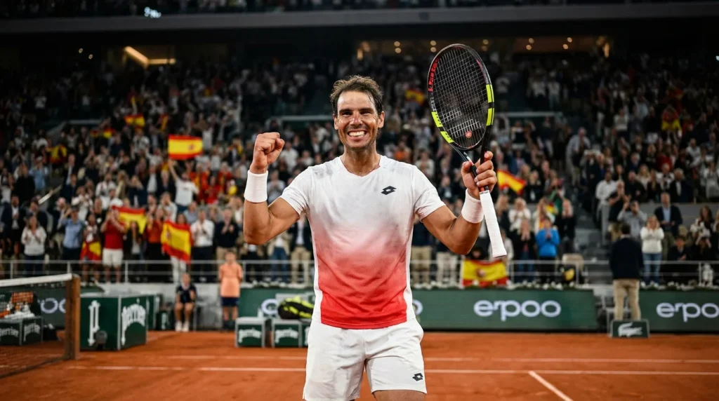 Tenista español celebrando victoria en pista de tenis