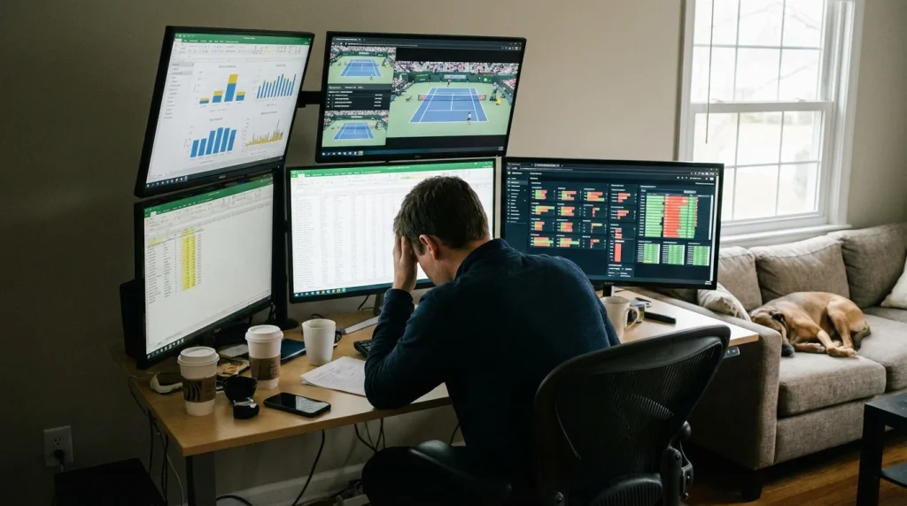 Apostador analizando datos de partidos de tenis en ordenador
