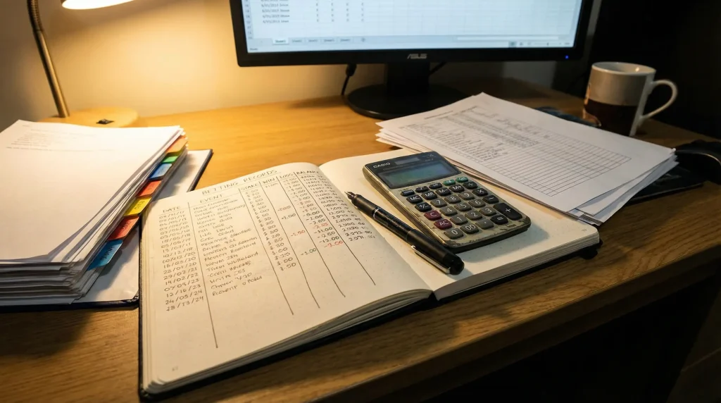 Calculadora junto a libreta con anotaciones de apuestas