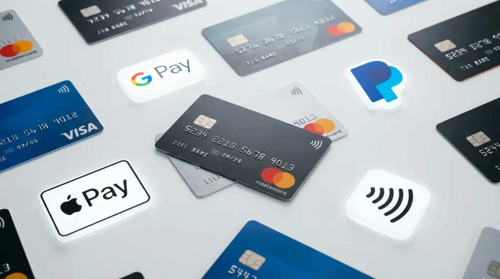 Tarjetas bancarias y logos de métodos de pago digitales