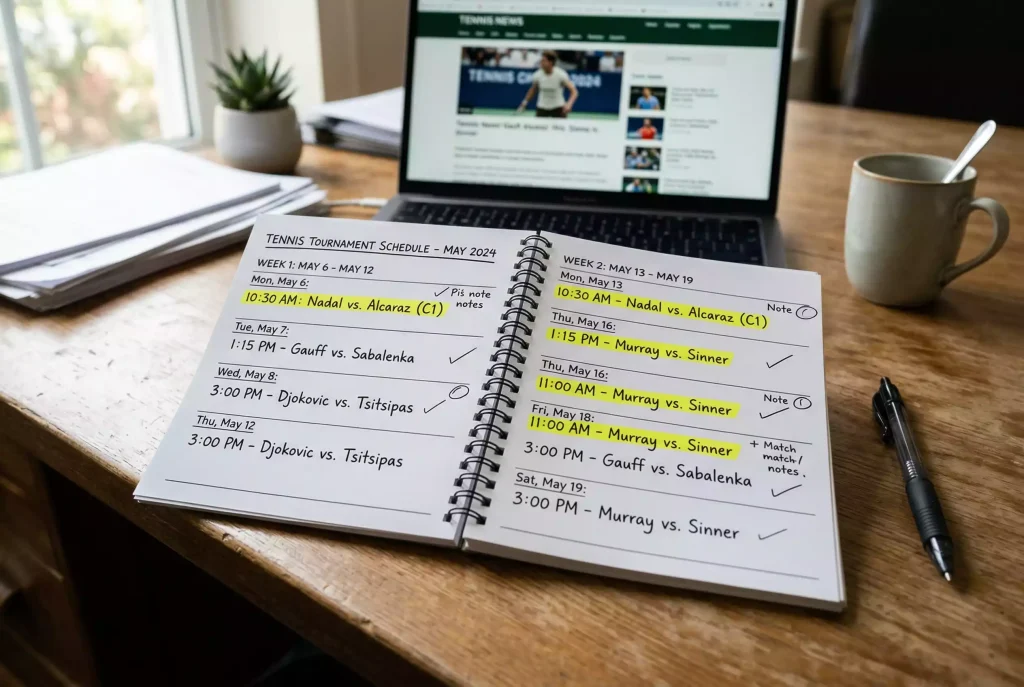 Calendario deportivo con partidos de tenis destacados