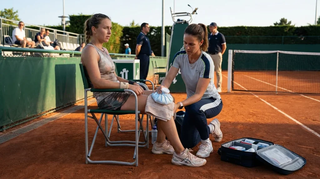 Tenista sentado en la silla de descanso con fisioterapeuta