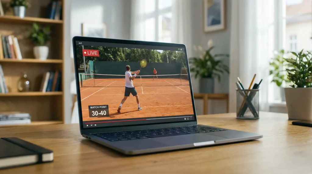 Pantalla de ordenador mostrando partido de tenis en streaming